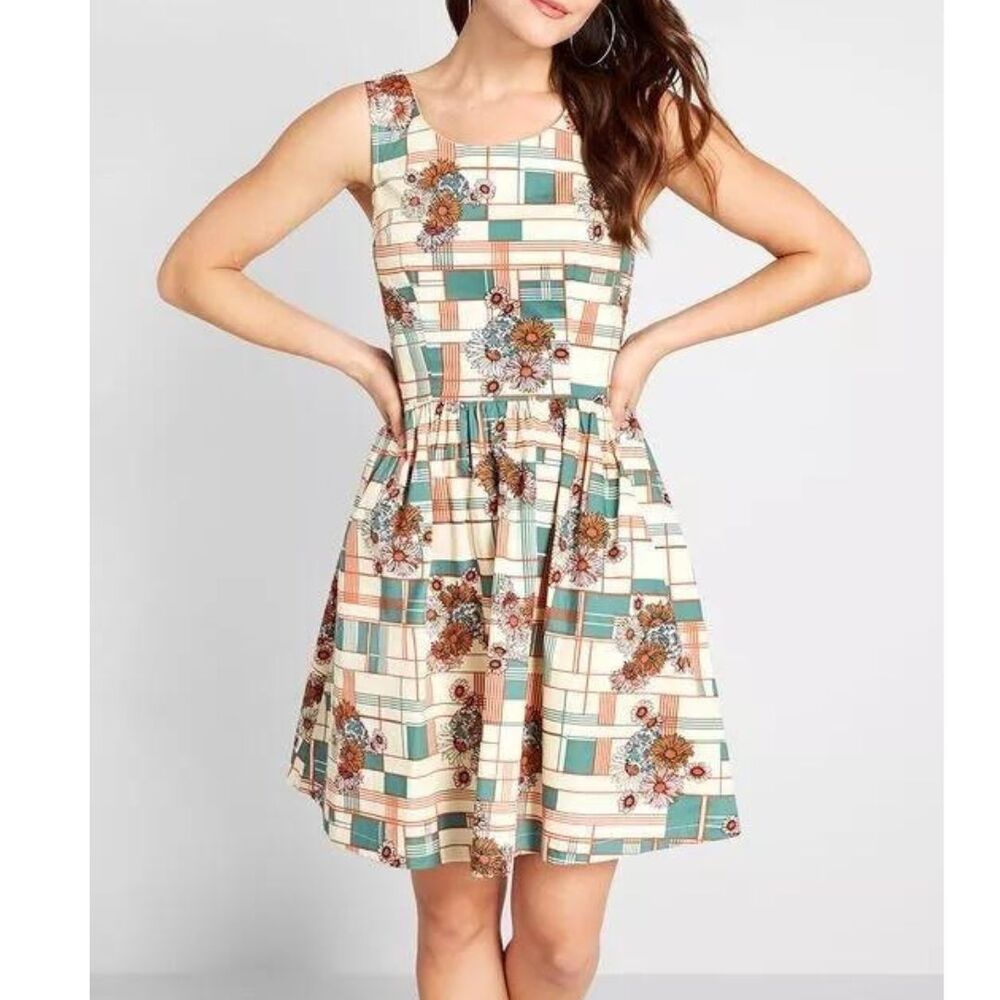 Modcloth Optimistic Effect Sleeveless Dress Floral Print Plus Size Geometric 2X